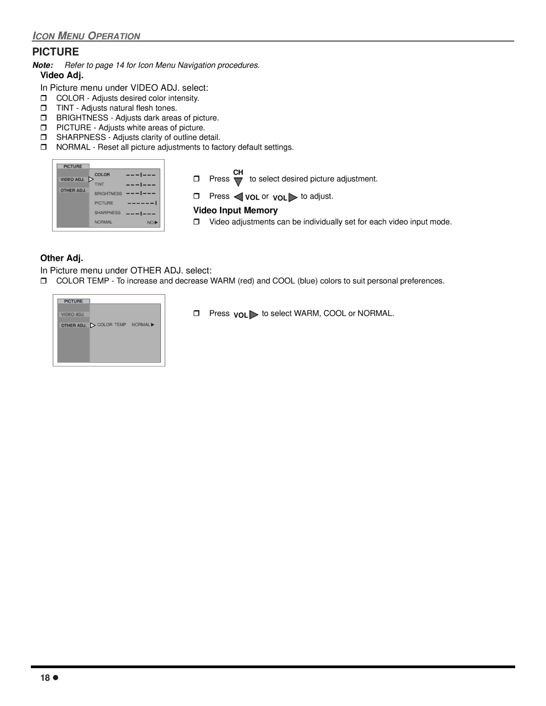 Quasar SP-3235 operating instructions Picture, Video Adj, Other Adj, Video Input Memory 