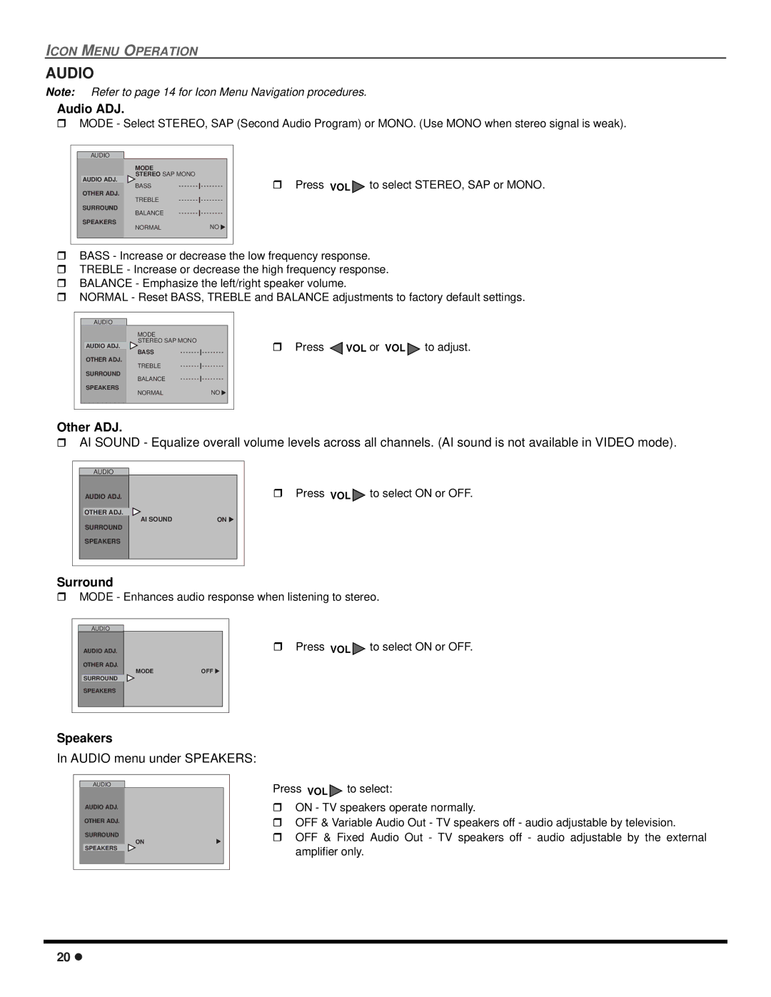 Quasar SP-3235 operating instructions Audio ADJ, Surround, Audio menu under Speakers 