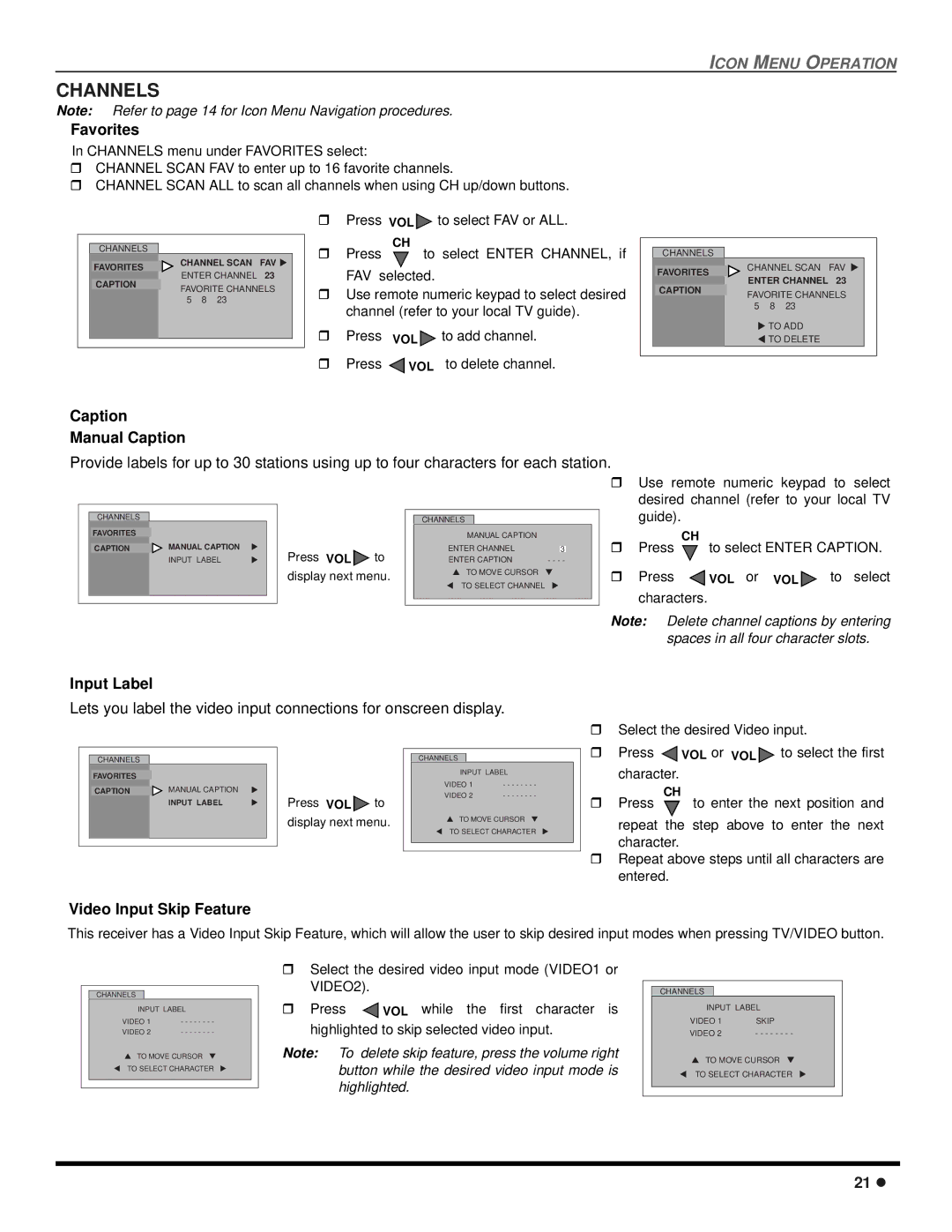 Quasar SP-3235 operating instructions Channels, Favorites, Caption Manual Caption, Input Label, Video Input Skip Feature 