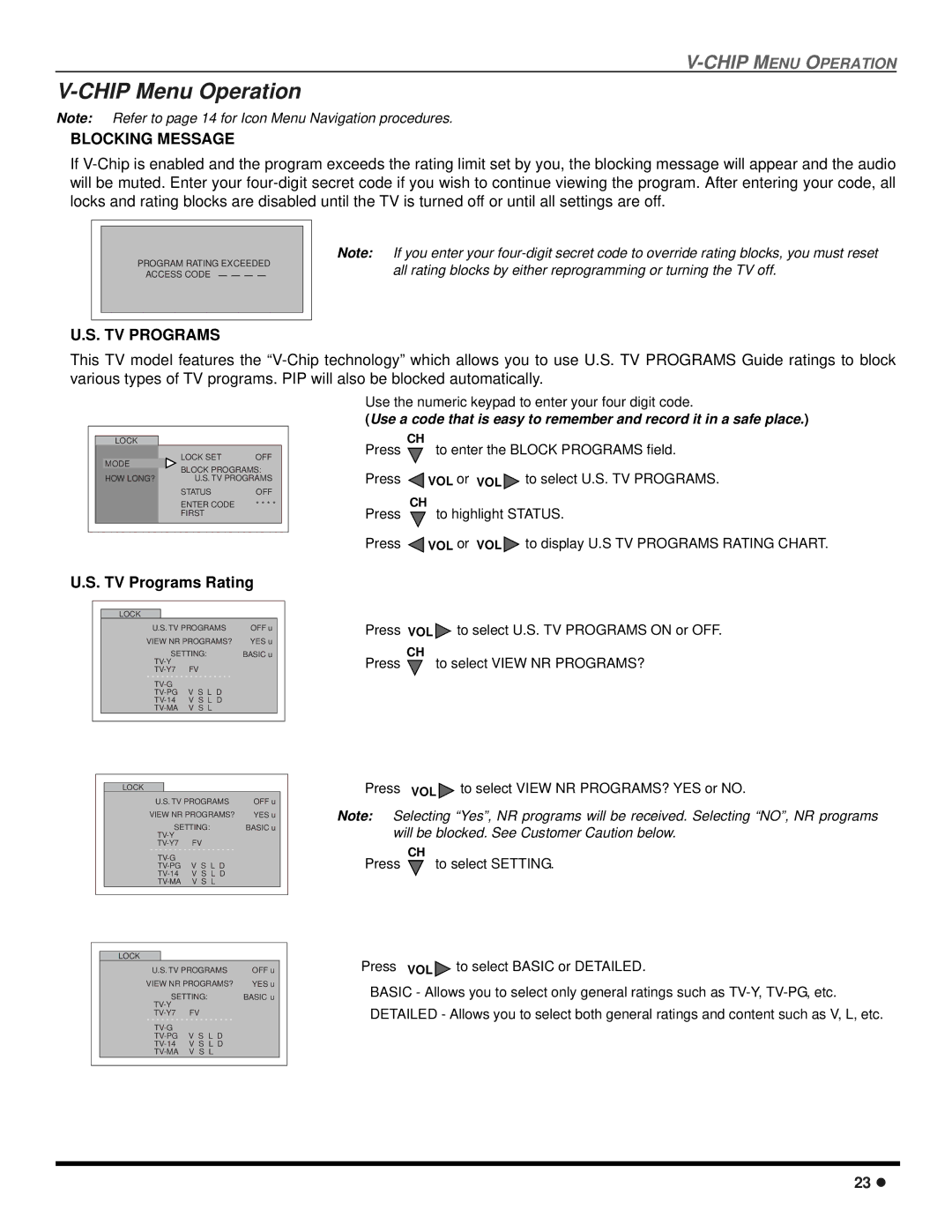 Quasar SP-3235 operating instructions Chip Menu Operation, TV Programs Rating 