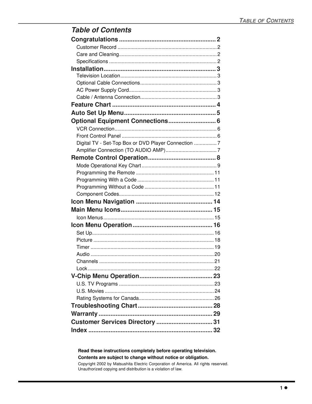 Quasar SP-3235 operating instructions Table of Contents 