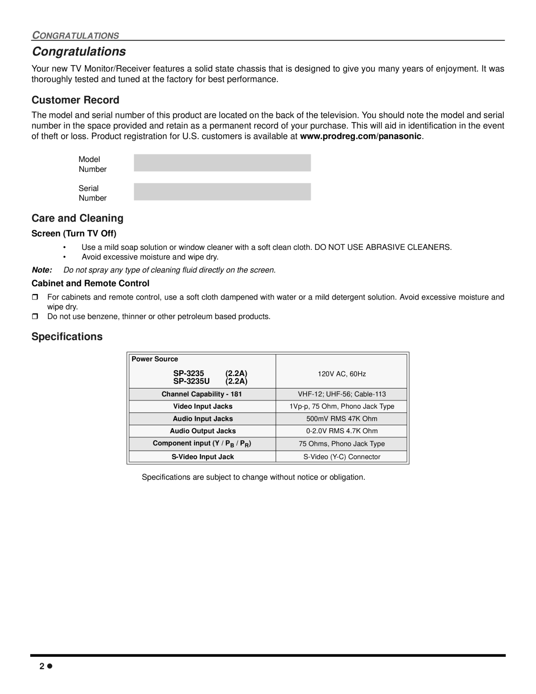 Quasar SP-3235 operating instructions Congratulations, Customer Record, Care and Cleaning, Specifications 