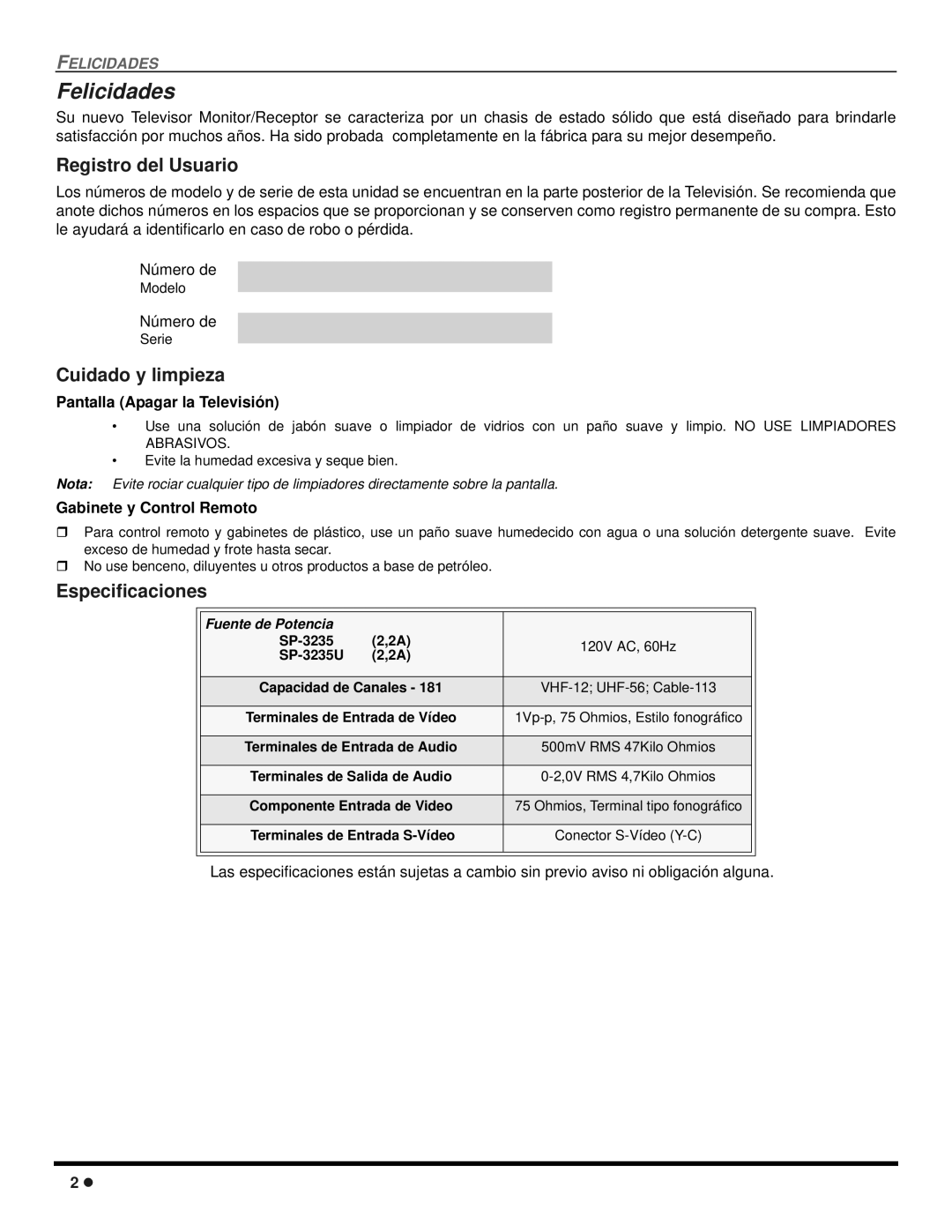 Quasar SP-3235 operating instructions Felicidades, Registro del Usuario, Cuidado y limpieza, Especificaciones 