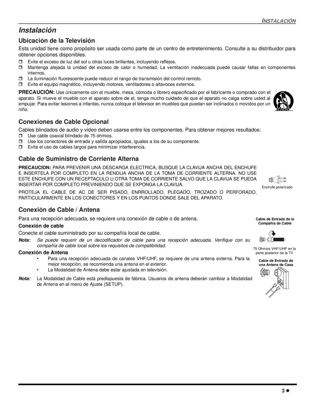 Quasar SP-3235 Instalación, Ubicación de la Televisión, Conexiones de Cable Opcional, Conexión de Cable / Antena 