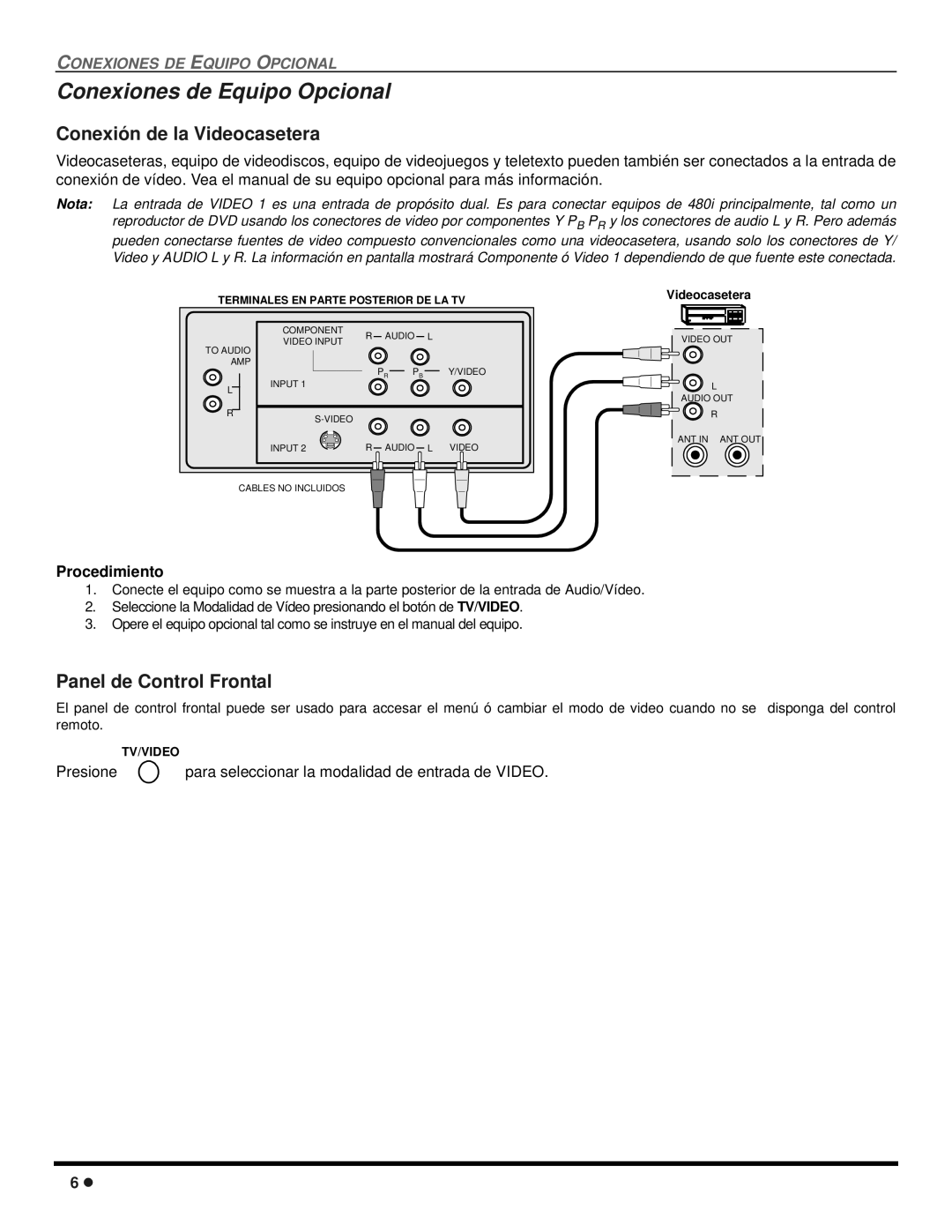 Quasar SP-3235 Conexiones de Equipo Opcional, Conexión de la Videocasetera, Panel de Control Frontal, Procedimiento 