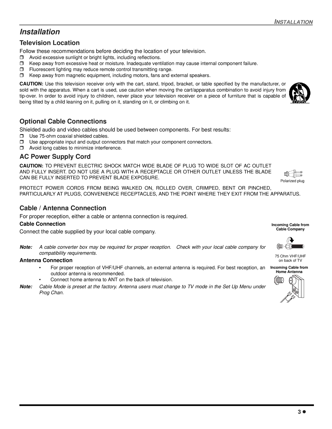 Quasar SP-3235 operating instructions Installation, Television Location, Optional Cable Connections, AC Power Supply Cord 