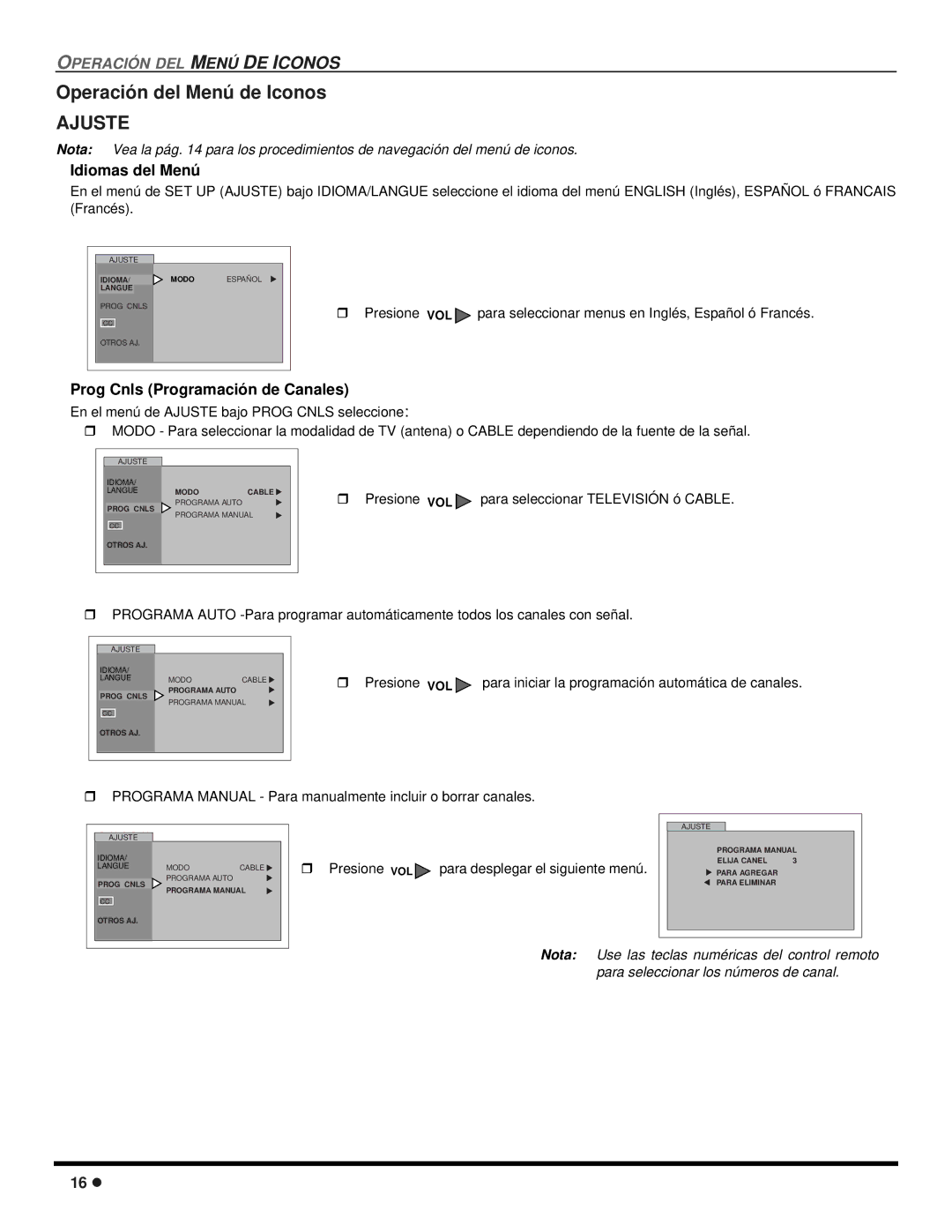 Quasar SP-3235 operating instructions Ajuste, Prog Cnls Programación de Canales, Presione VOL 