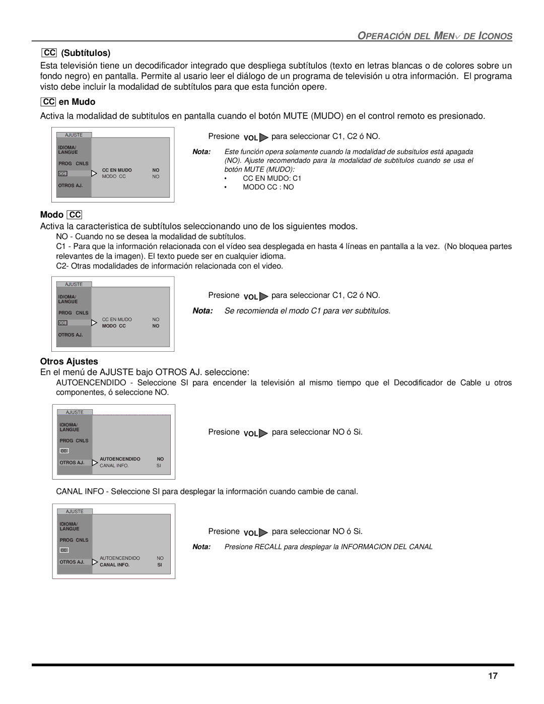 Quasar SP-3235 operating instructions Subtítulos, En Mudo, Modo CC, Bajo Otros AJ. seleccione 