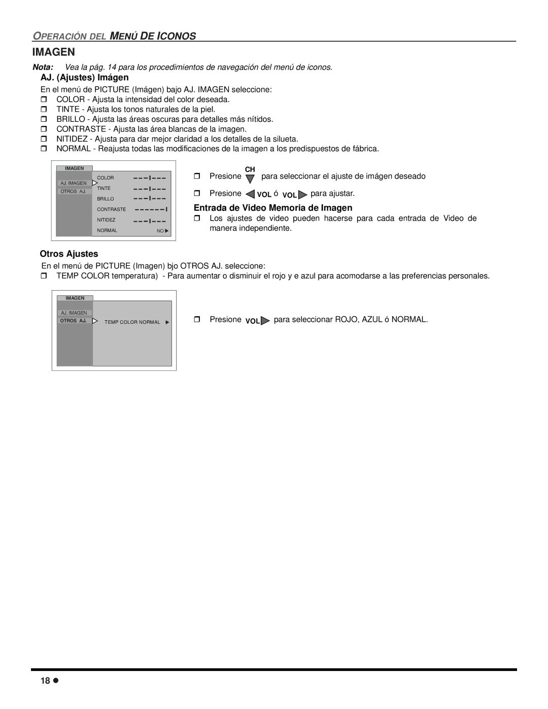 Quasar SP-3235 operating instructions AJ. Ajustes Imágen, Entrada de Video Memoria de Imagen, Otros Ajustes 