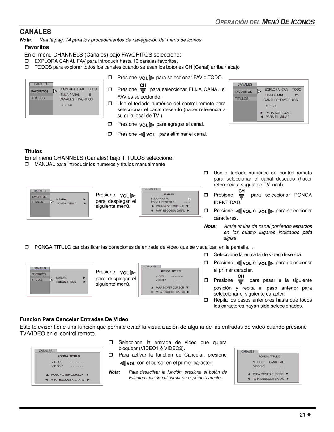 Quasar SP-3235 operating instructions Canales, Favoritos, Titulos, Funcion Para Cancelar Entradas De Video 