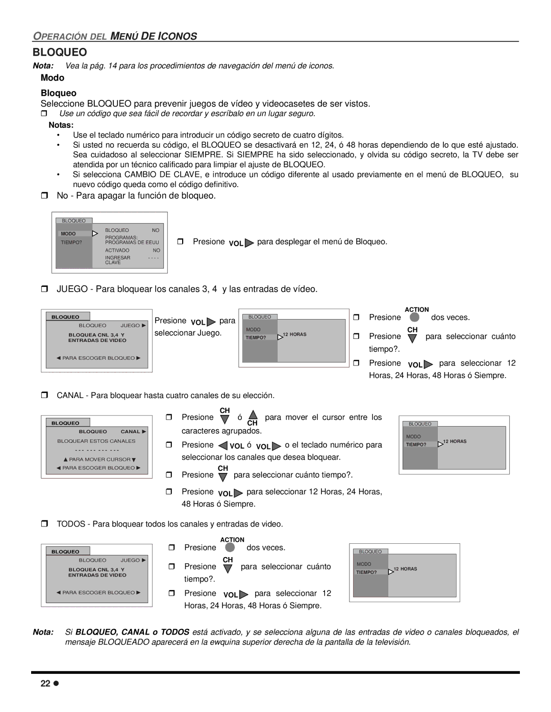 Quasar SP-3235 operating instructions Modo Bloqueo, No Para apagar la función de bloqueo, Notas 