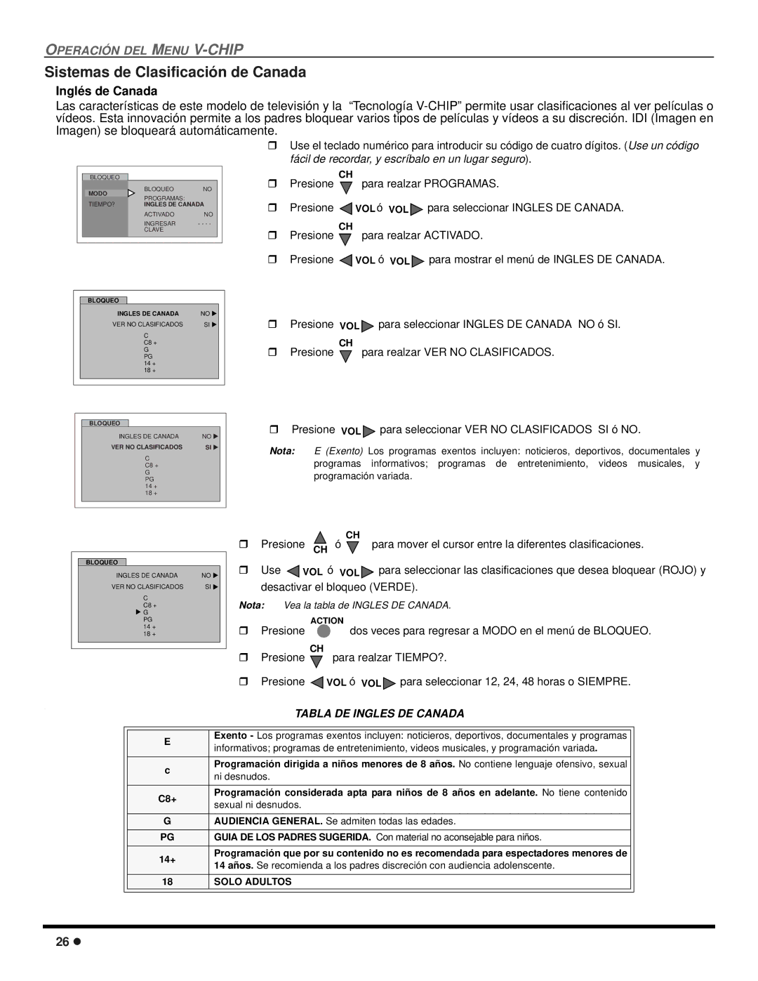 Quasar SP-3235 operating instructions Sistemas de Clasificación de Canada, Inglés de Canada, Para realzar TIEMPO? 