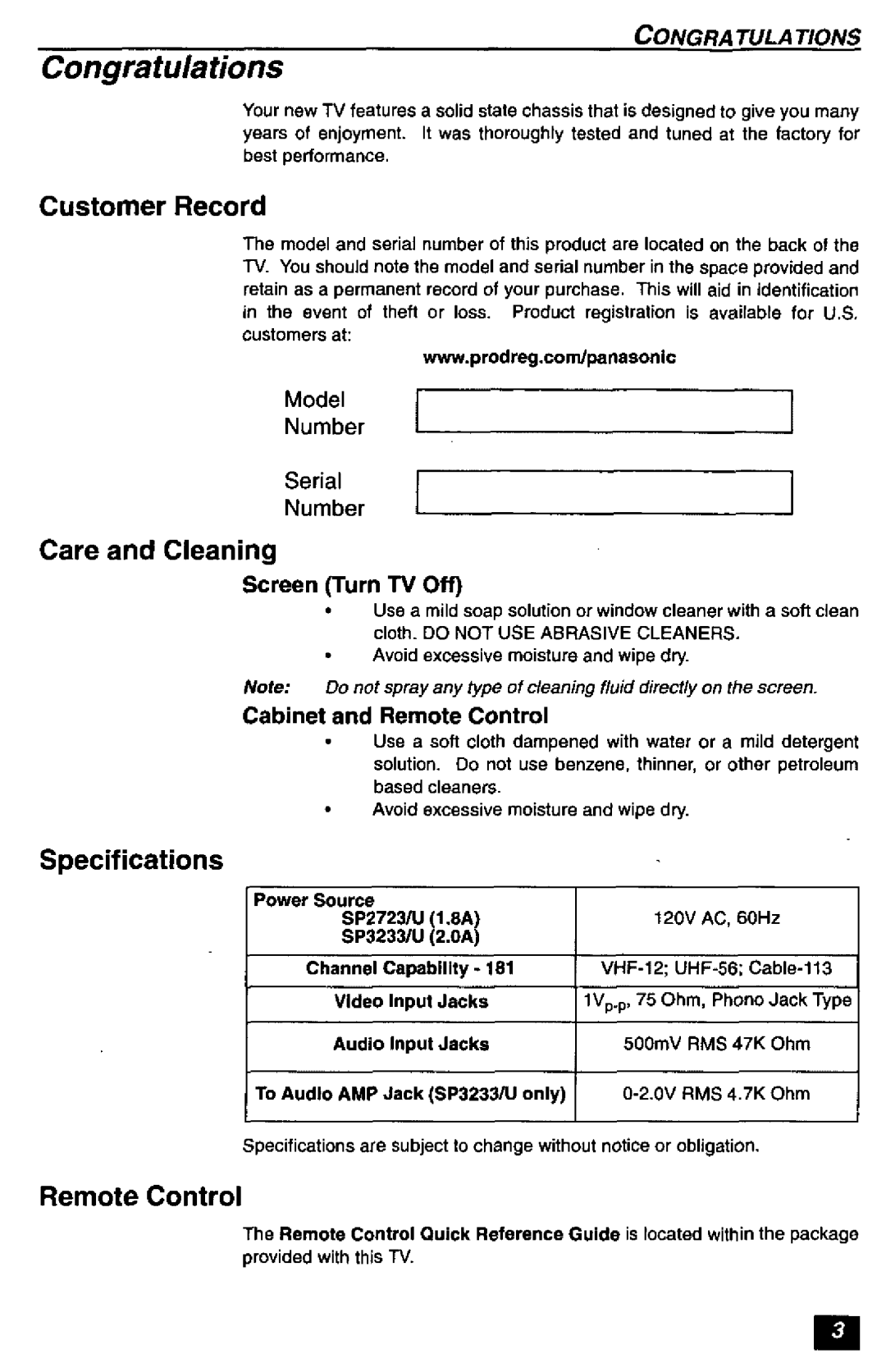 Quasar SP2723, SP3233 manual 