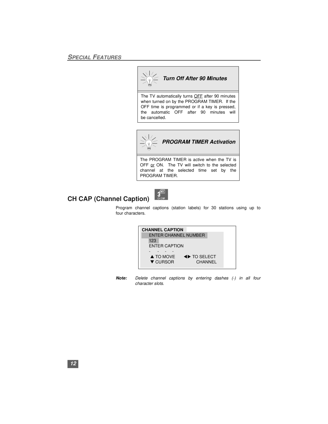 Quasar SP3234, SP3234U manual CH CAP Channel Caption, Turn Off After 90 Minutes, Program Timer Activation 