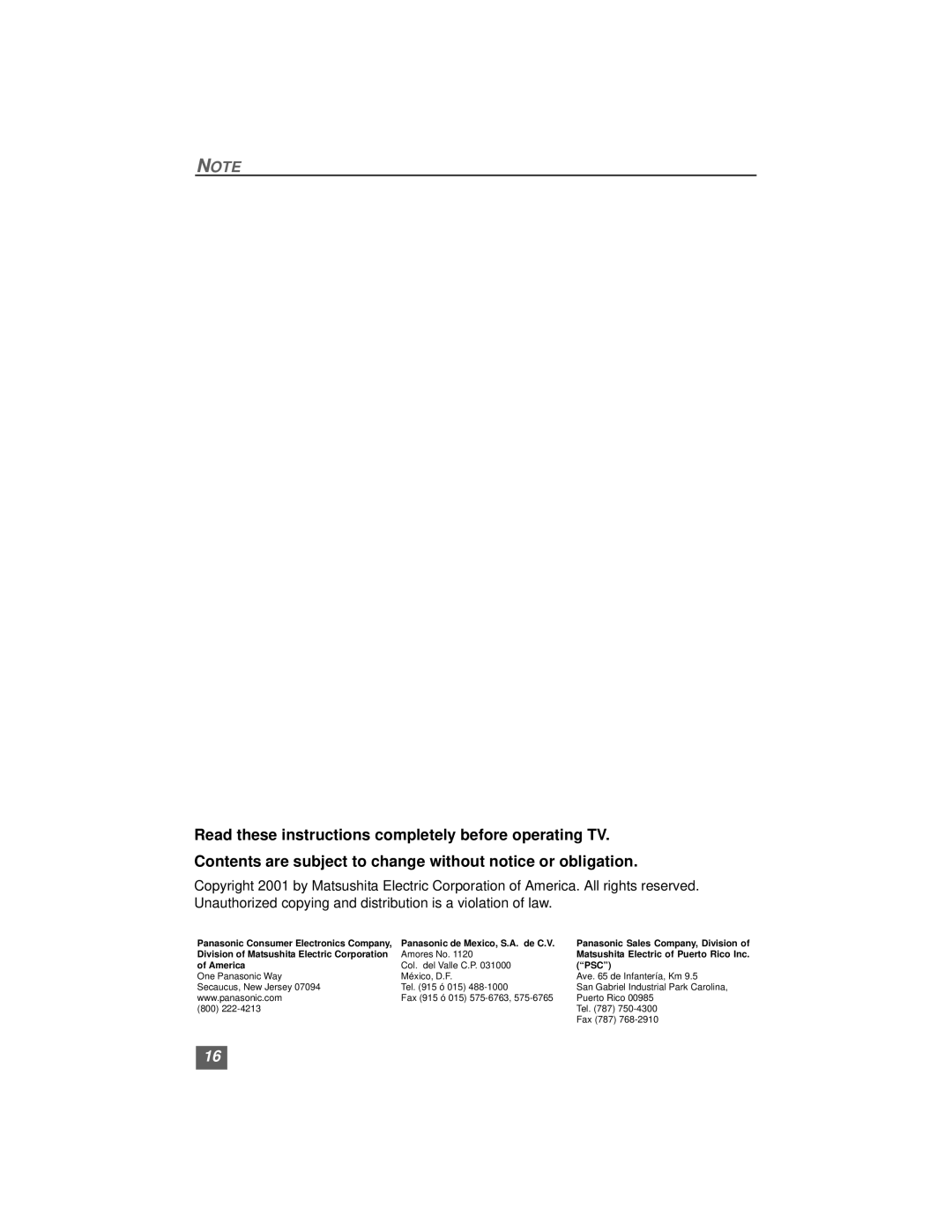 Quasar SP3234, SP3234U manual Matsushita Electric of Puerto Rico Inc 