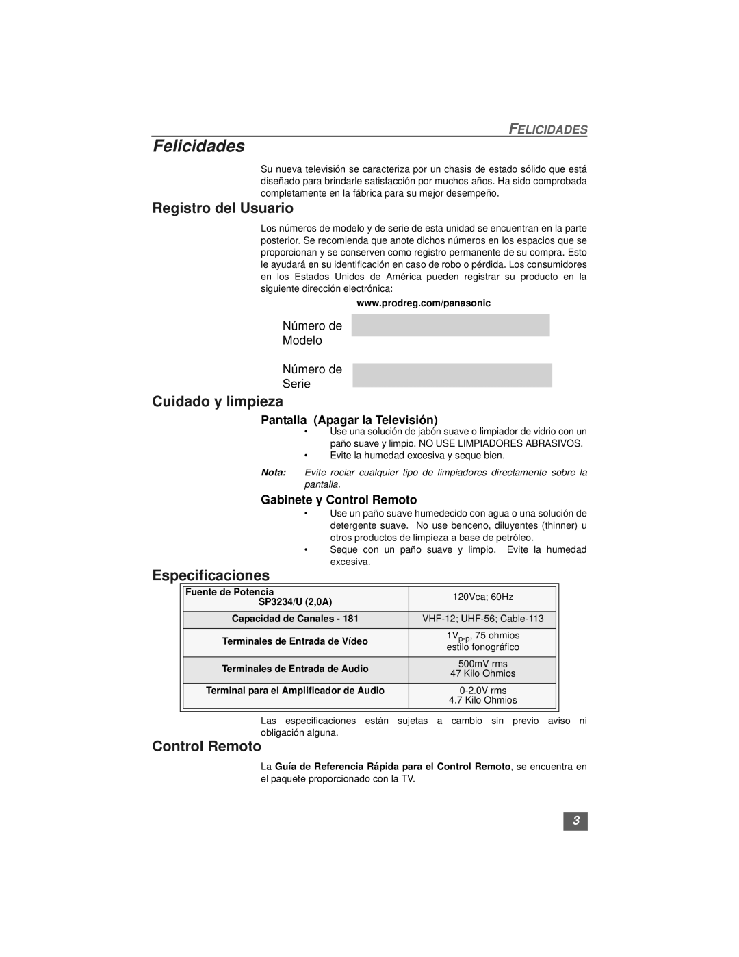 Quasar SP3234, SP3234U manual Felicidades, Registro del Usuario, Cuidado y limpieza, Especificaciones, Control Remoto 