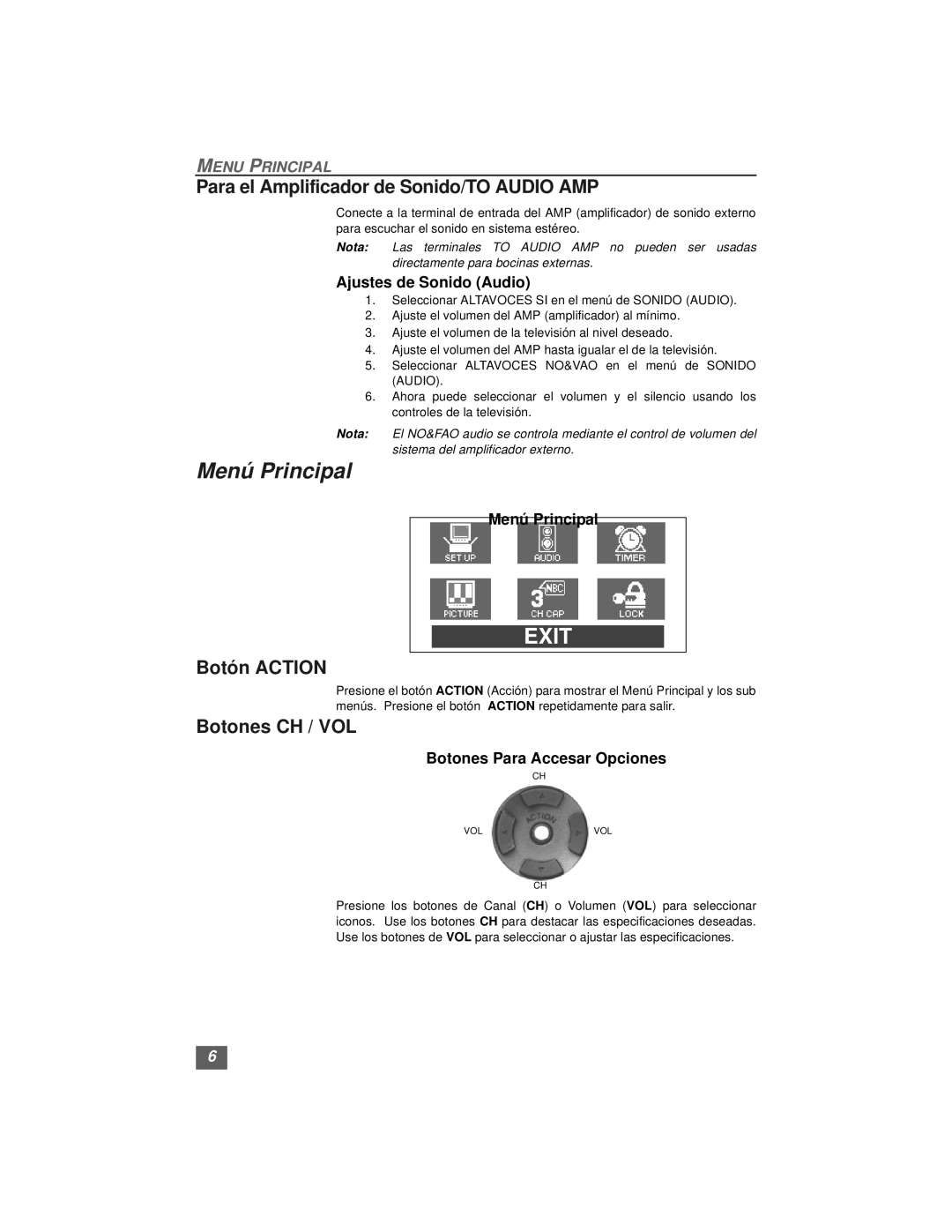Quasar SP3234, SP3234U manual Menú Principal, Para el Amplificador de Sonido/TO Audio AMP, Botón Action, Botones CH / VOL 