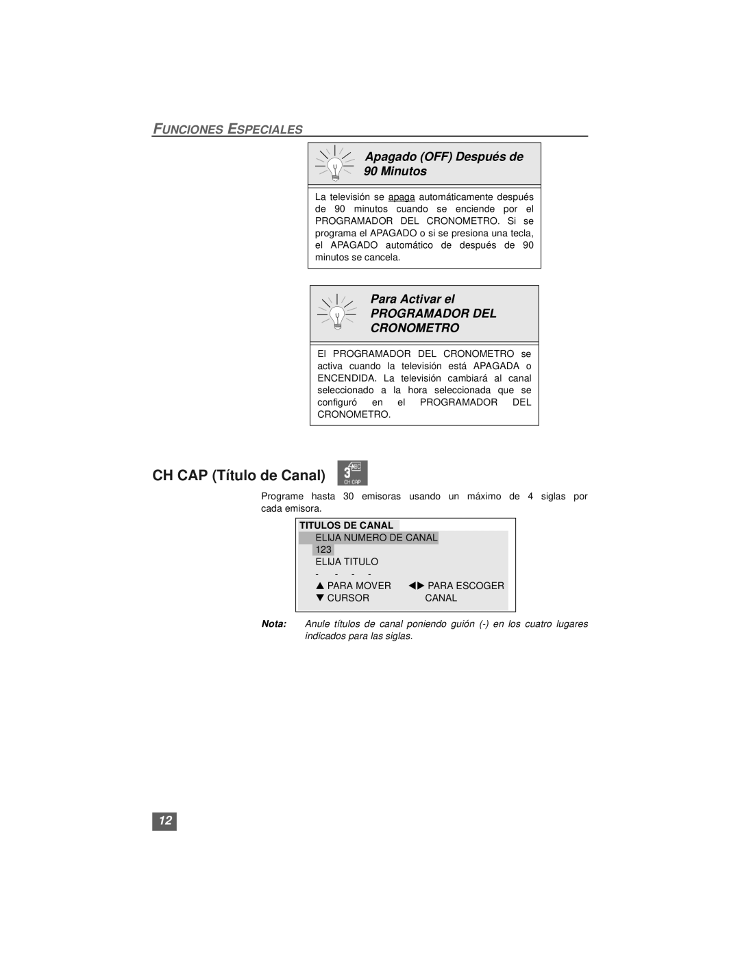 Quasar SP3234, SP3234U manual CH CAP Título de Canal, Apagado OFF Después de 90 Minutos, Para Activar el 