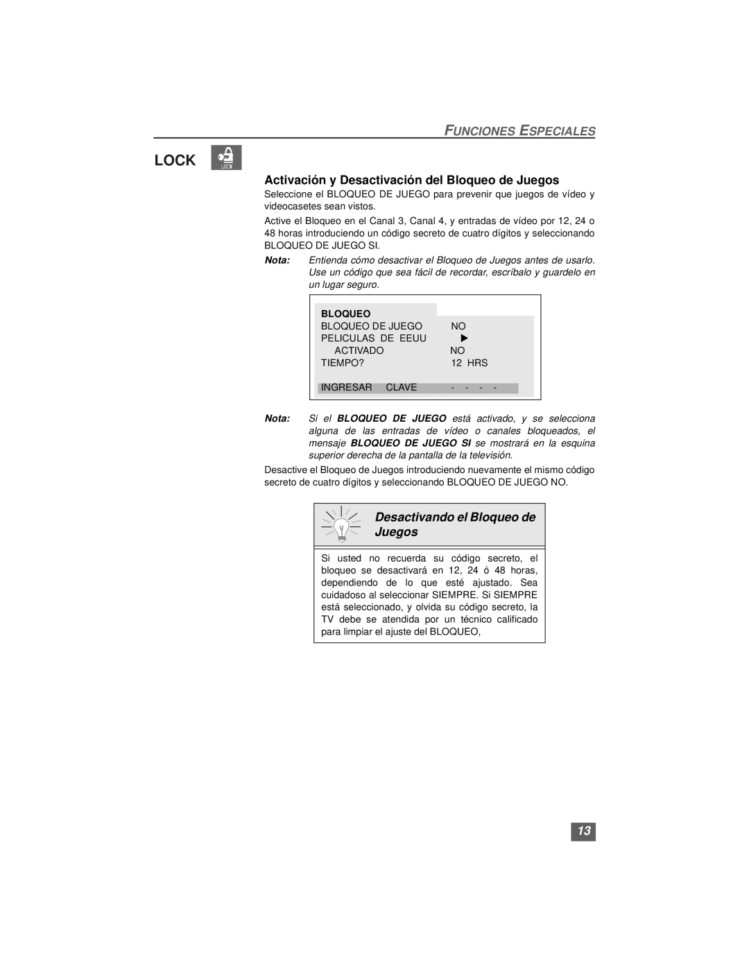 Quasar SP3234, SP3234U manual Activación y Desactivación del Bloqueo de Juegos, Desactivando el Bloqueo de Juegos 