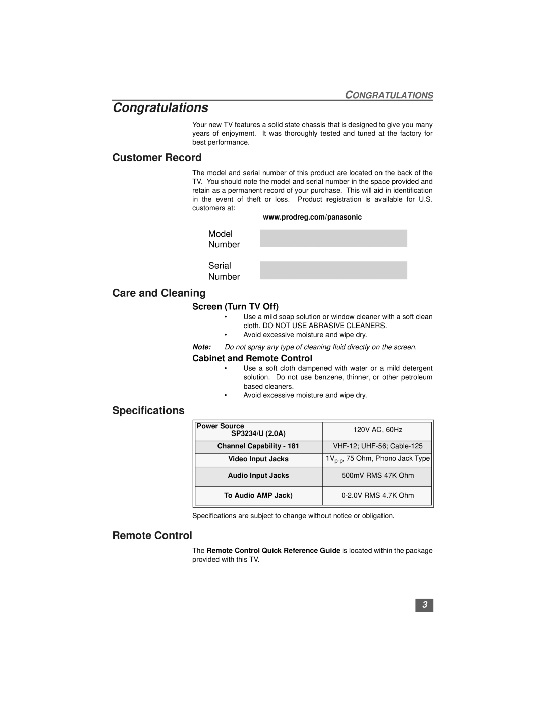 Quasar SP3234, SP3234U manual Congratulations, Customer Record, Care and Cleaning, Specifications, Remote Control 