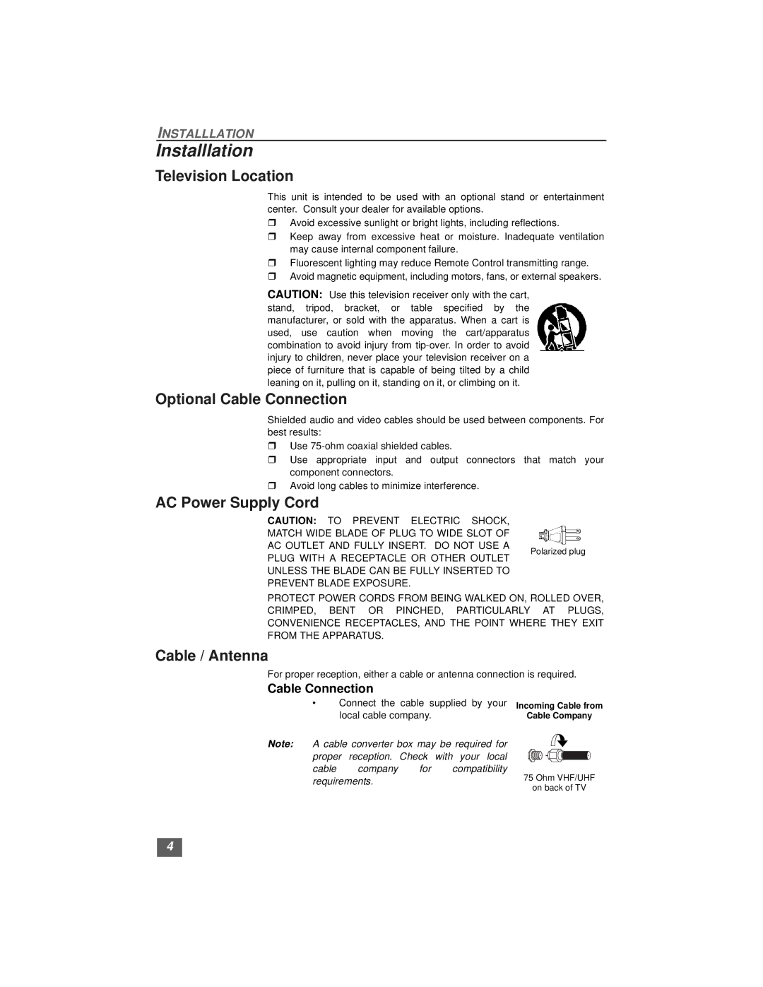 Quasar SP3234, SP3234U manual Installlation, Television Location, Optional Cable Connection, AC Power Supply Cord 