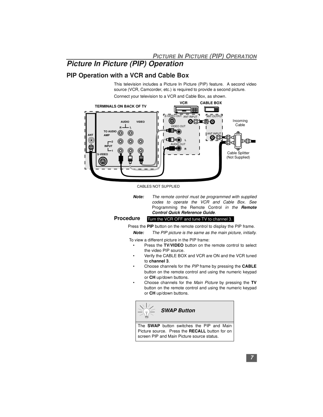 Quasar SP3234, SP3234U manual Picture In Picture PIP Operation, PIP Operation with a VCR and Cable Box, Swap Button 