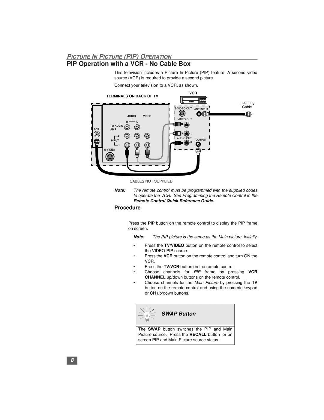 Quasar SP3234, SP3234U manual PIP Operation with a VCR No Cable Box, Procedure 