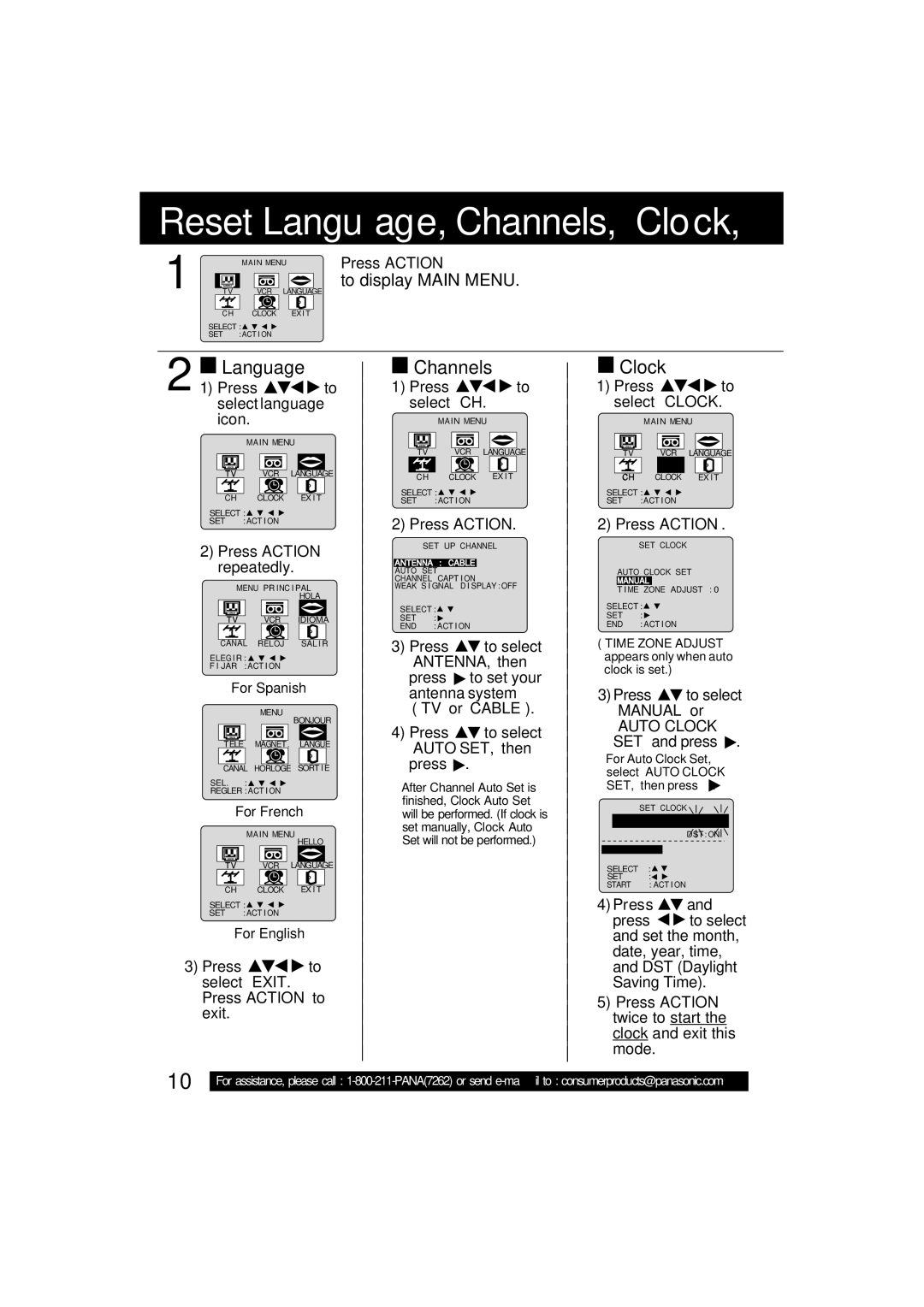 Quasar V V-1303A, V V-1303B, V V-2003A operating instructions Reset Language, Channels, Clock 