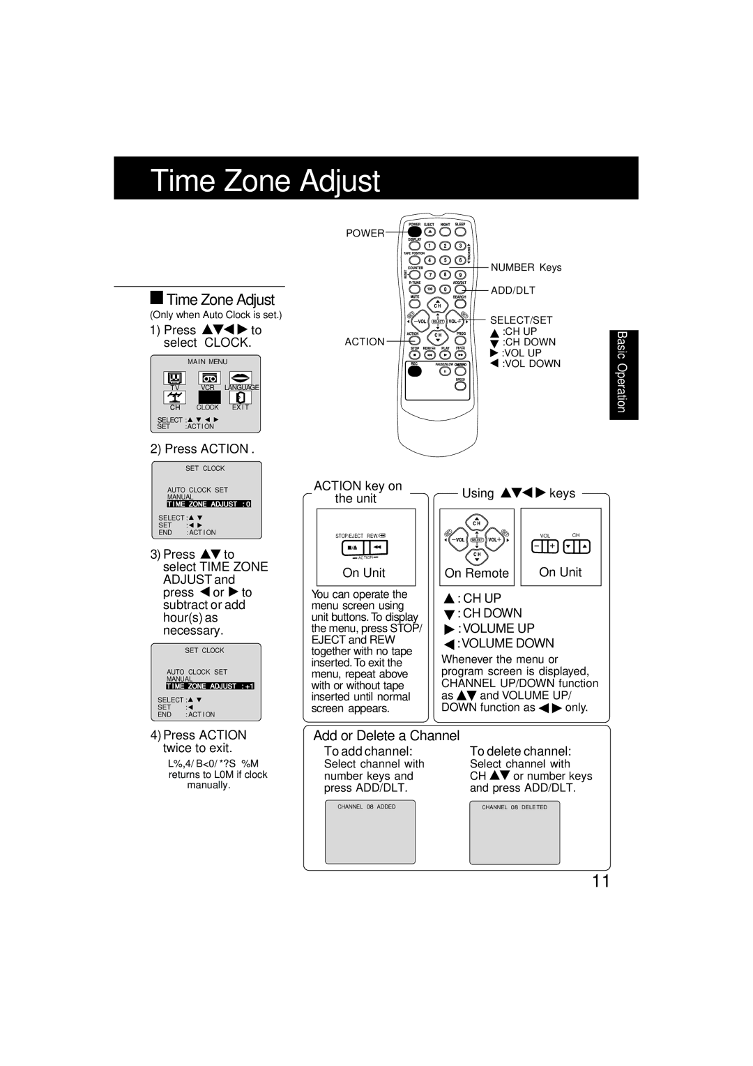 Quasar V V-2003A, V V-1303B, V V-1303A operating instructions Time Zone Adjust, Add or Delete a Channel 