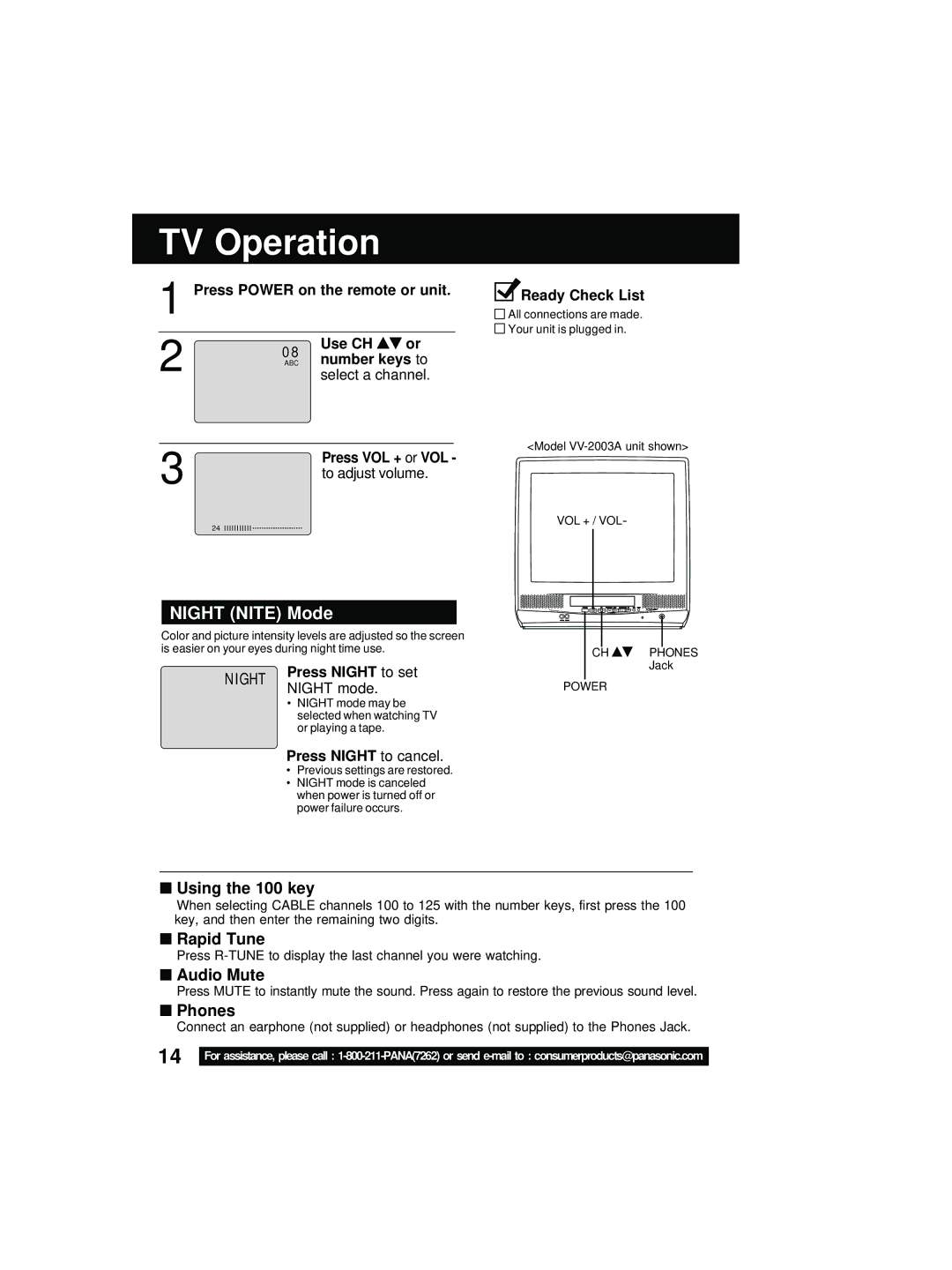 Quasar V V-2003A, V V-1303B, V V-1303A operating instructions TV Operation, Night Nite Mode 