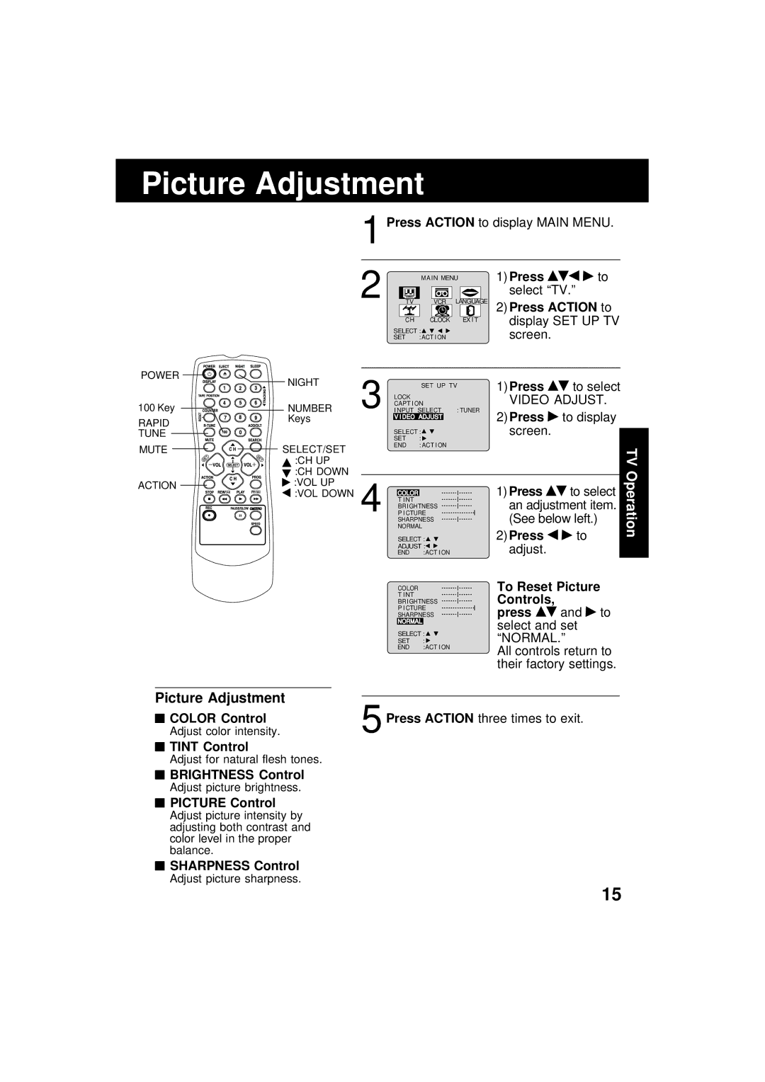 Quasar V V-1303B, V V-1303A, V V-2003A operating instructions Picture Adjustment 