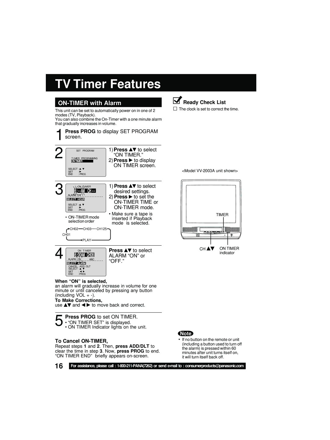 Quasar V V-1303A, V V-1303B, V V-2003A operating instructions TV Timer Features, ON-TIMER with Alarm 