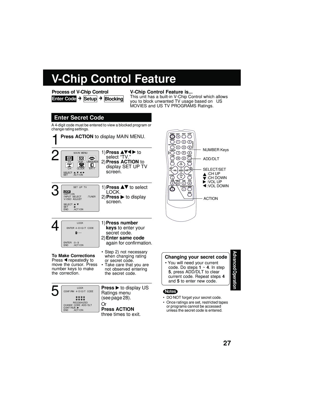 Quasar V V-1303B, V V-1303A, V V-2003A operating instructions Chip Control Feature, Enter Secret Code 