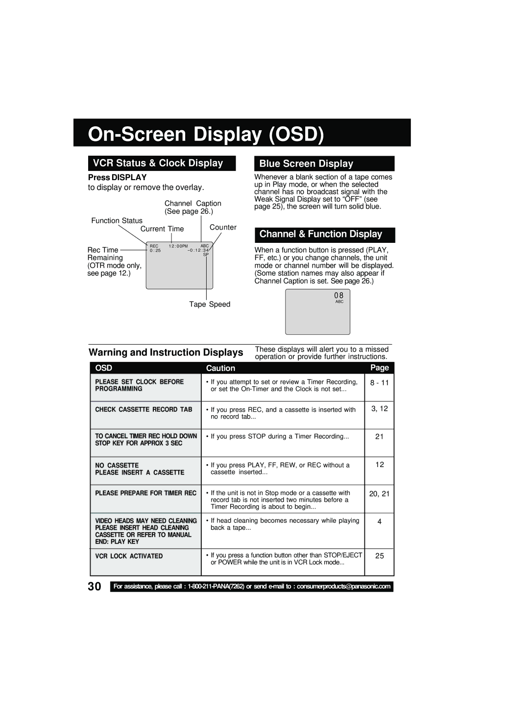 Quasar V V-1303B On-Screen Display OSD, VCR Status & Clock Display, Blue Screen Display, Channel & Function Display 