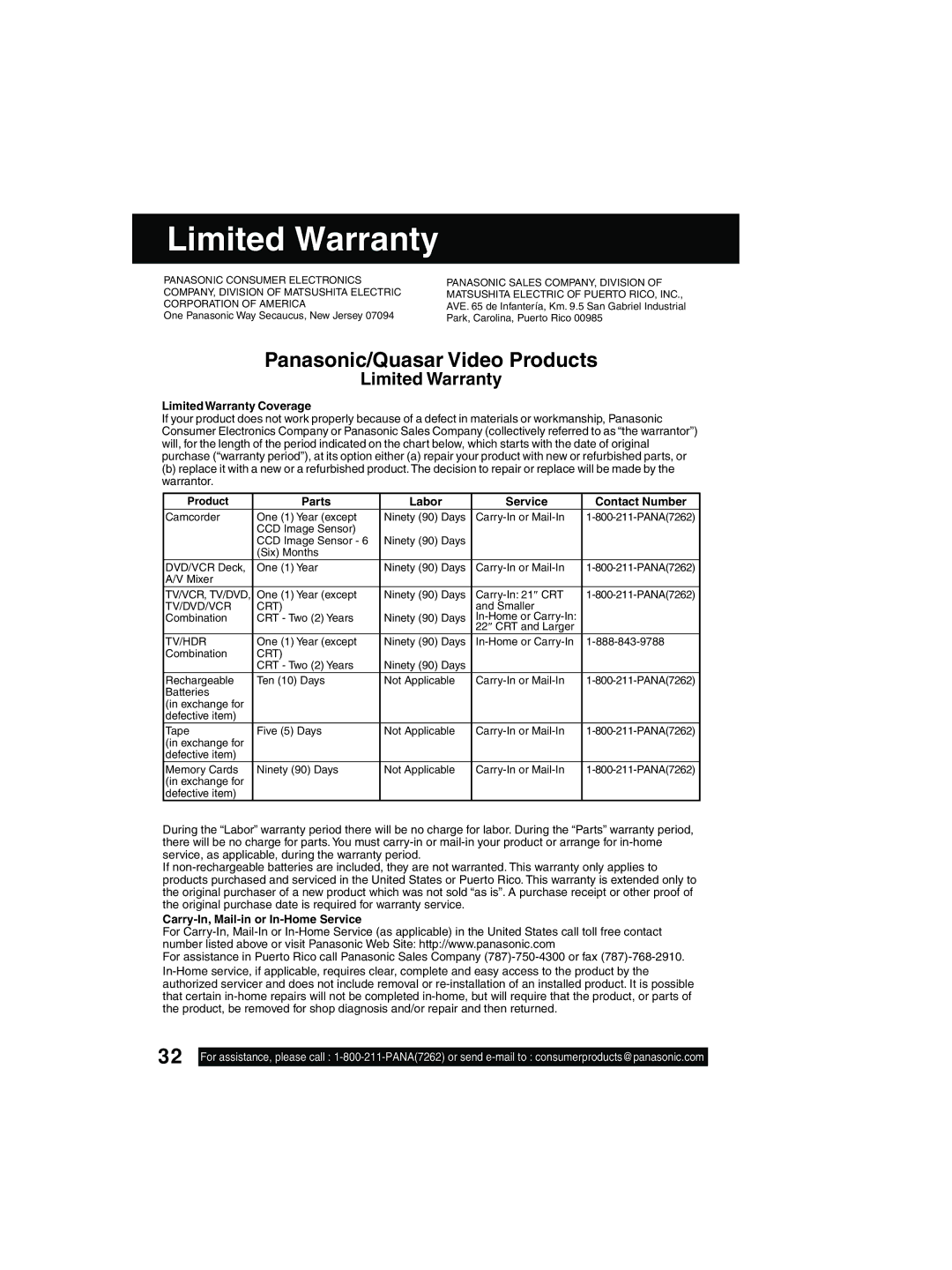 Quasar V V-2003A, V V-1303B, V V-1303A operating instructions Limited Warranty 