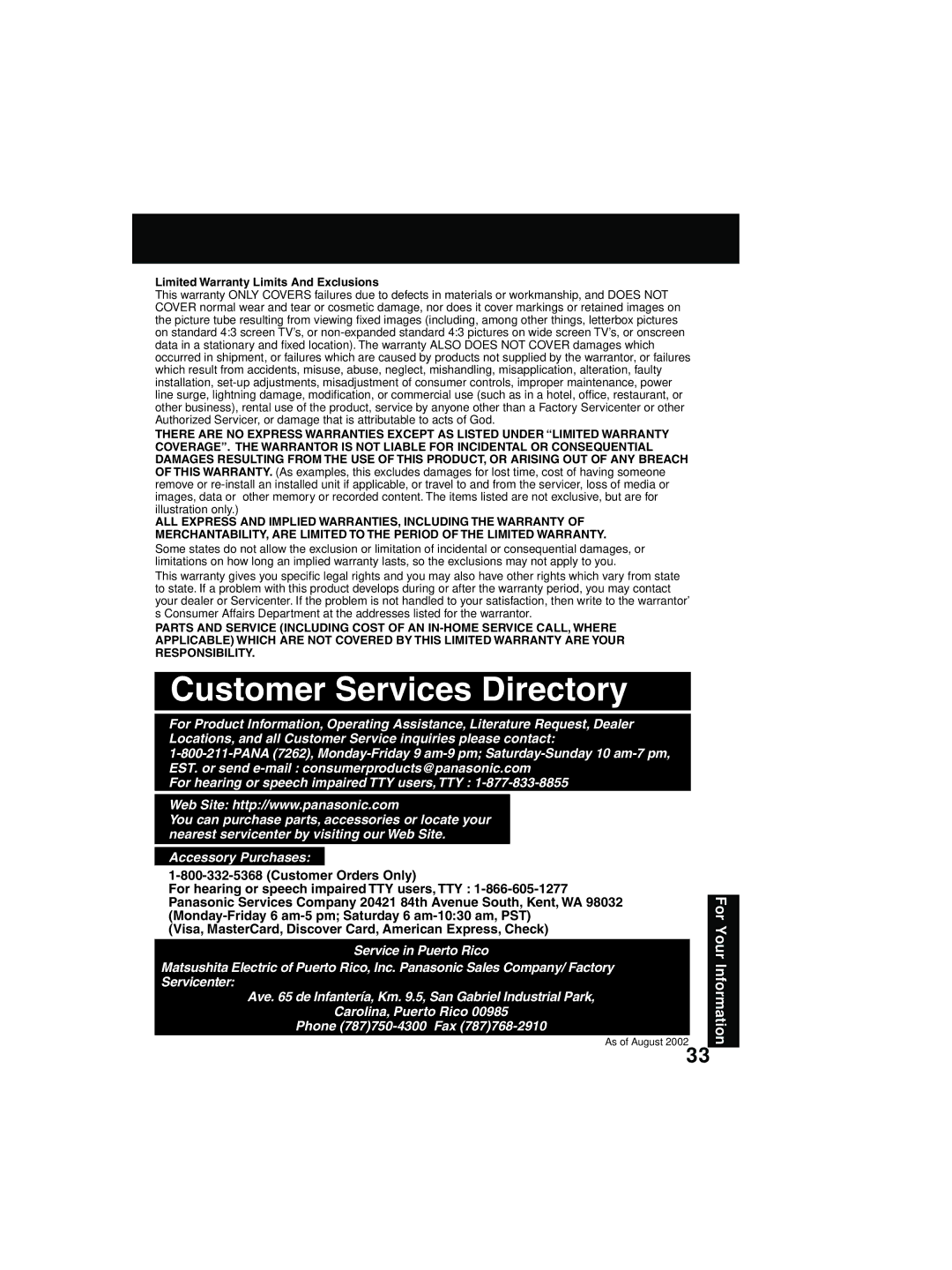 Quasar V V-1303B, V V-1303A, V V-2003A operating instructions Customer Services Directory 