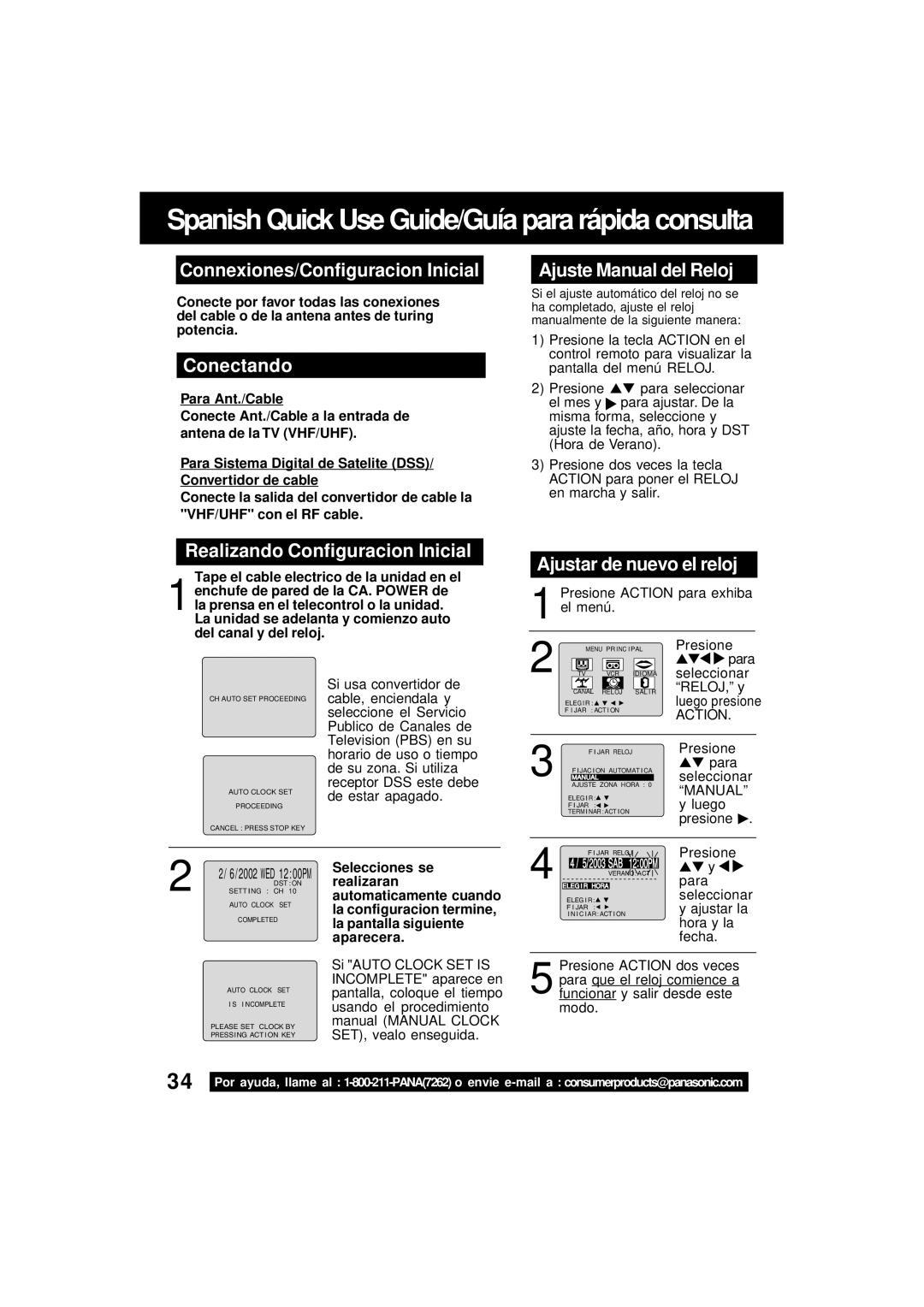 Quasar V V-1303A Connexiones/Configuracion Inicial, Conectando, Ajuste Manual del Reloj, Realizando Configuracion Inicial 