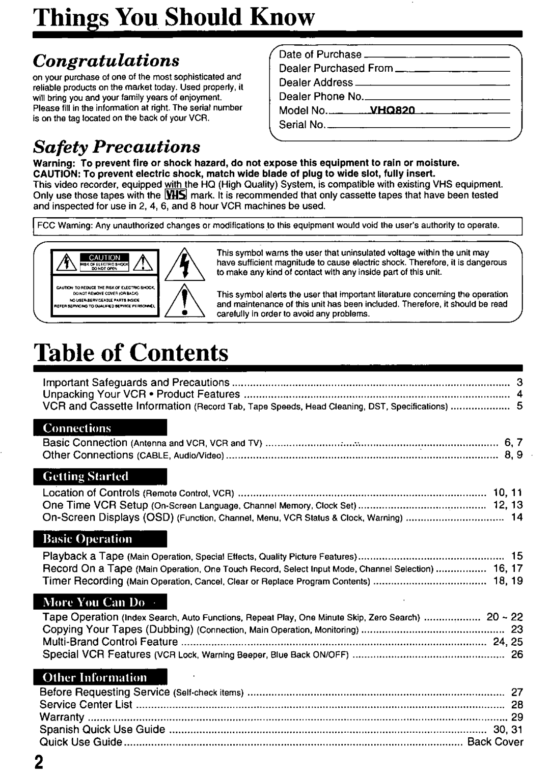 Quasar VHQ820 manual 