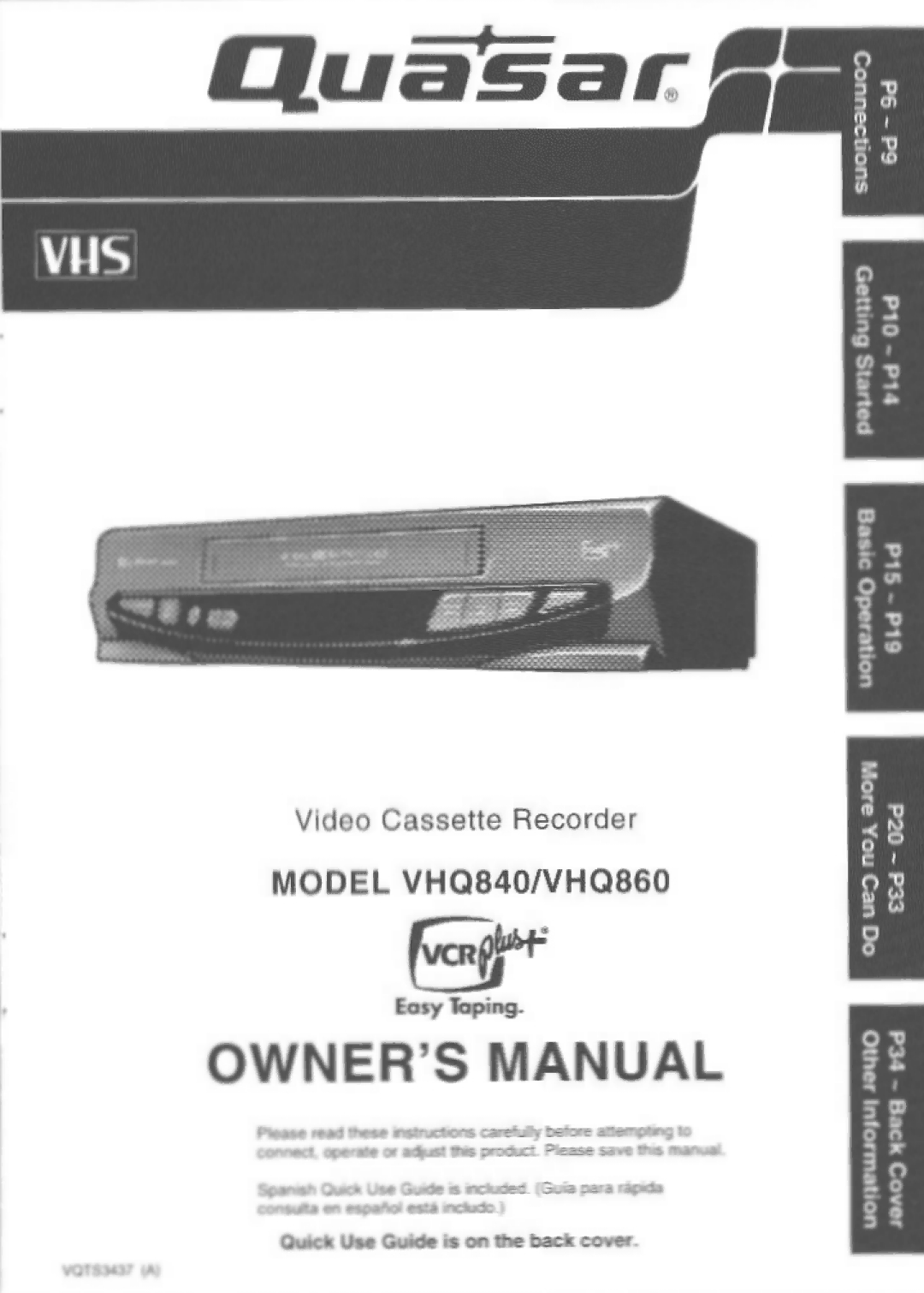 Quasar VHQ860, VHQ840 manual 