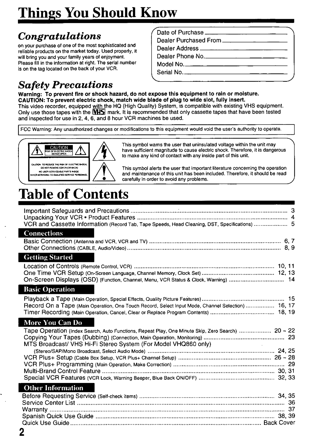 Quasar VHQ840, VHQ860 manual 