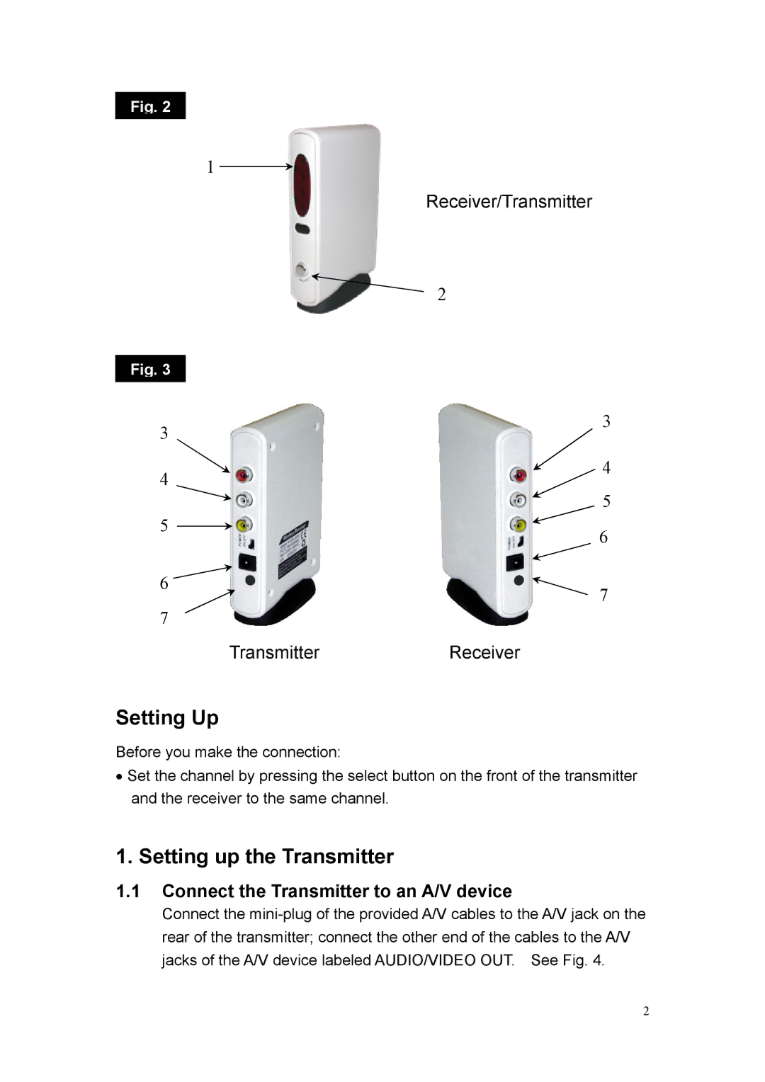 Quatech 2.4GHz user manual Setting Up, Setting up the Transmitter, Connect the Transmitter to an A/V device 