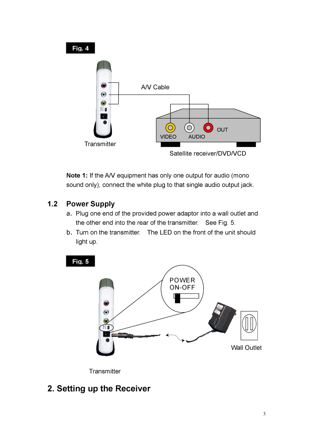 Quatech 2.4GHz user manual Setting up the Receiver, Power Supply 