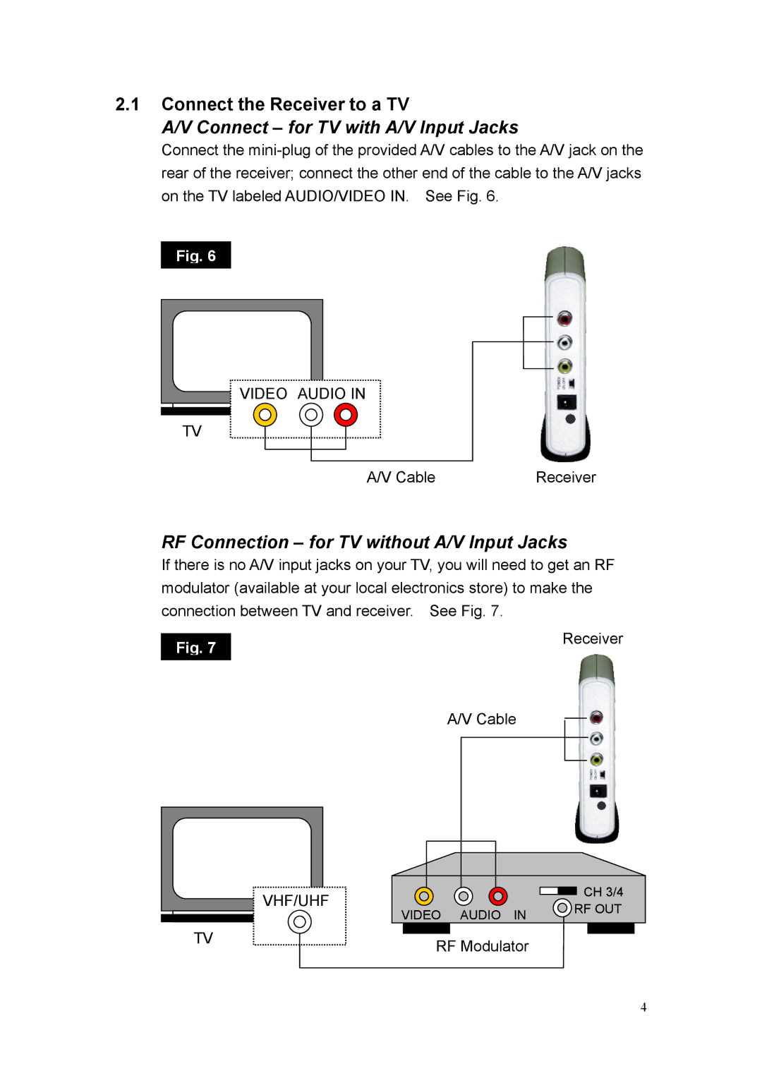 Quatech 2.4GHz user manual Connect the Receiver to a TV, Connect for TV with A/V Input Jacks 