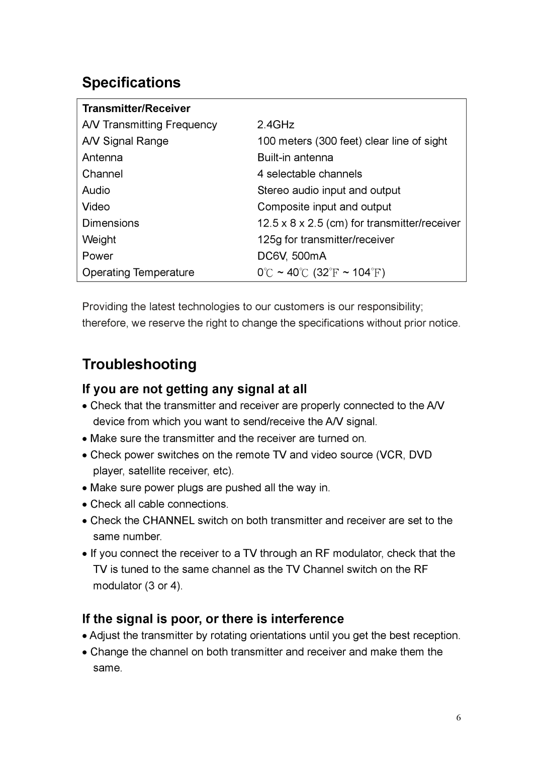 Quatech 2.4GHz user manual Specifications, Troubleshooting, If you are not getting any signal at all, Transmitter/Receiver 