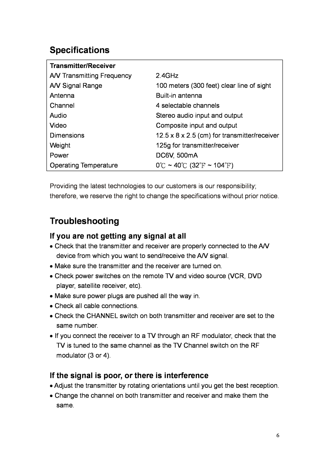 Quatech 2.4GHz user manual Specifications, Troubleshooting, If you are not getting any signal at all, Transmitter/Receiver 