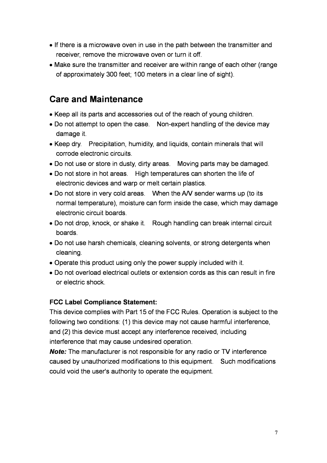 Quatech 2.4GHz user manual Care and Maintenance, FCC Label Compliance Statement 