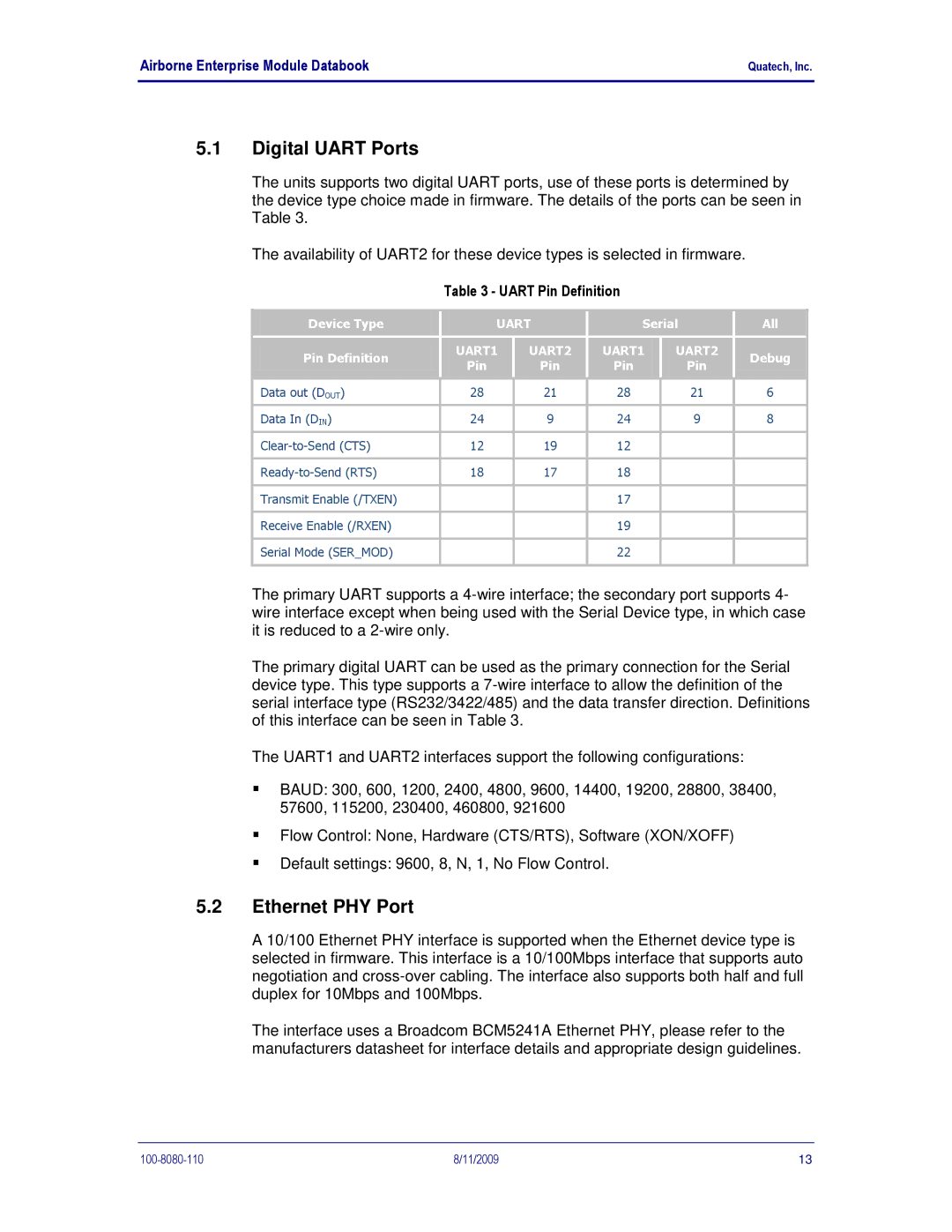 Quatech 802.11B/G manual Digital Uart Ports, Ethernet PHY Port, Uart Pin Definition 