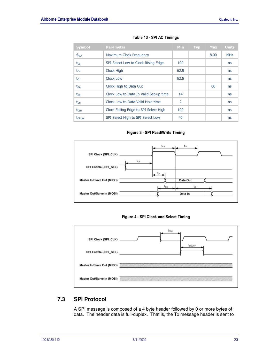 Quatech 802.11B/G manual SPI Protocol, SPI Read/Write Timing 
