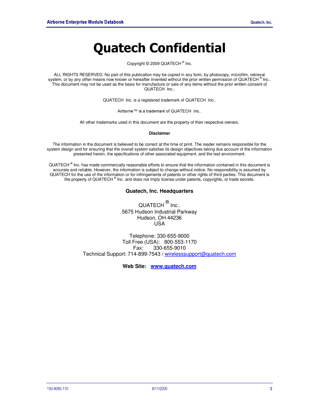 Quatech 802.11B/G manual Quatech Confidential, Quatech, Inc. Headquarters 