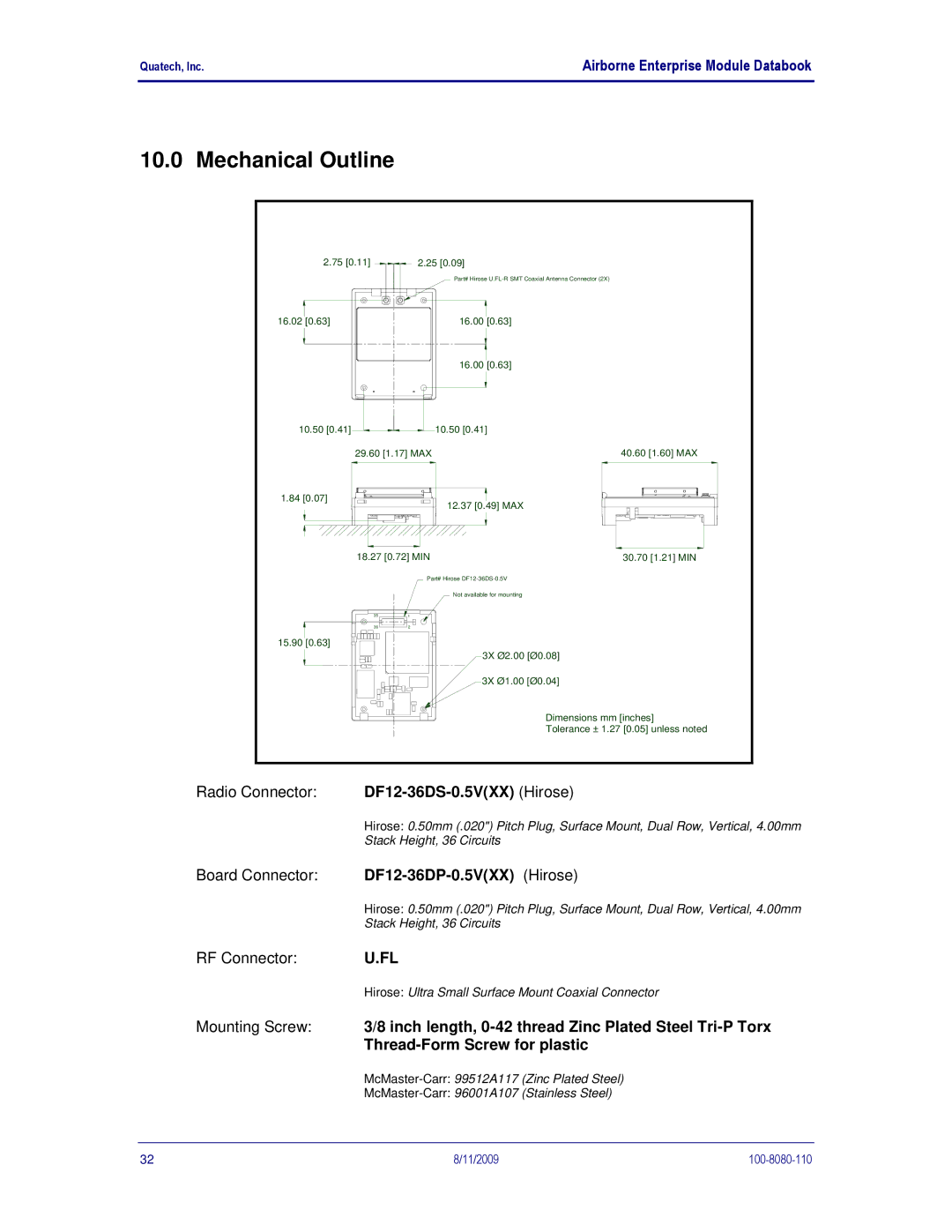Quatech 802.11B/G Mechanical Outline, Radio Connector DF12-36DS-0.5VXX Hirose, Board Connector DF12-36DP-0.5VXX Hirose 